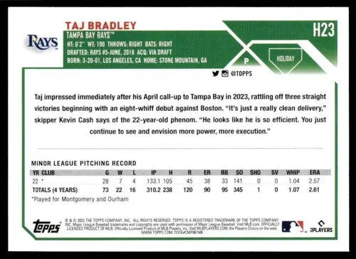 2023 Topps Holiday #H23 Taj Bradley NM Near Mint RC Rookie Rays ID:65877 - Baseball Card Single