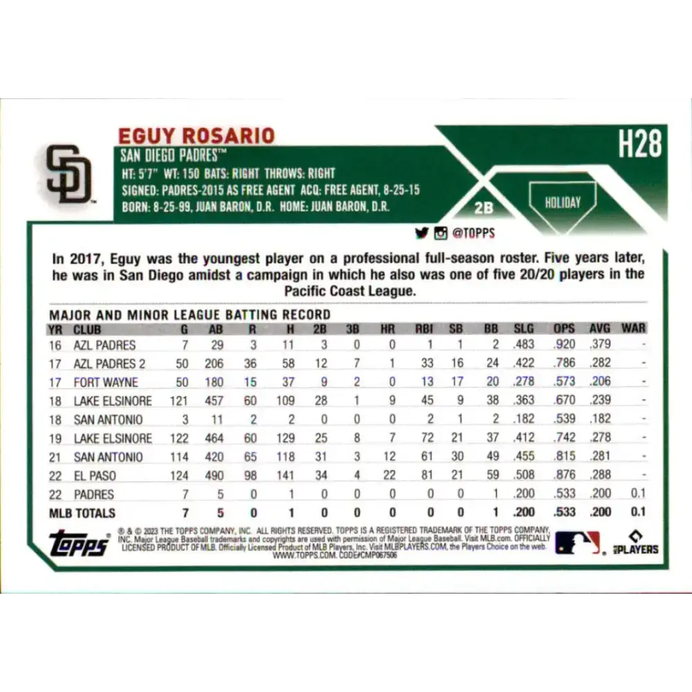 2023 Topps Holiday #H28 Eguy Rosario NM-MT RC Rookie San Diego Padres Baseball Card - Baseball Card Single