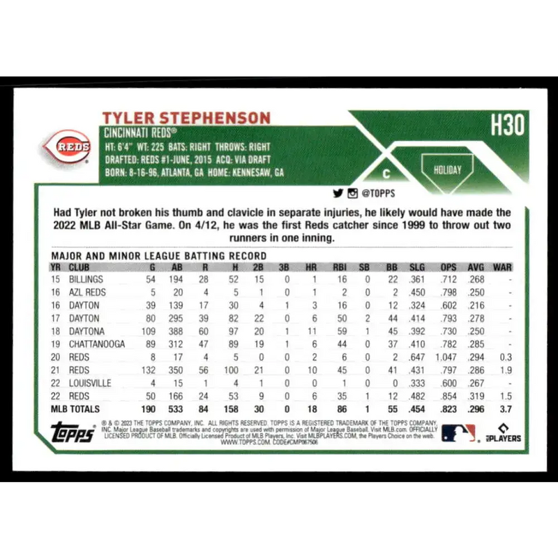 2023 Topps Holiday #H30 Tyler Stephenson NM-MT Cincinnati Reds Baseball Card - Baseball Card Single