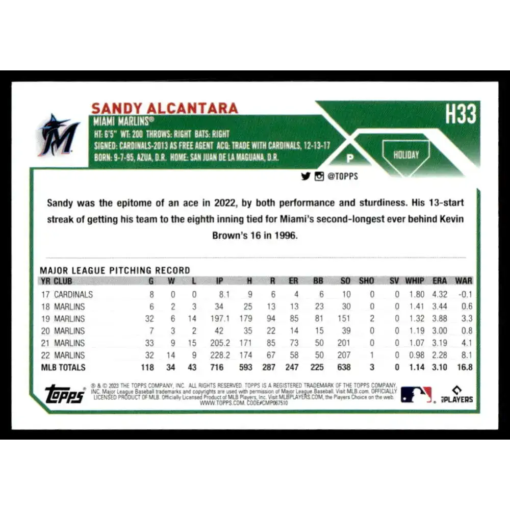 2023 Topps Holiday #H33 Sandy Alcantara NM-MT Miami Marlins Baseball Card - Baseball Card Single