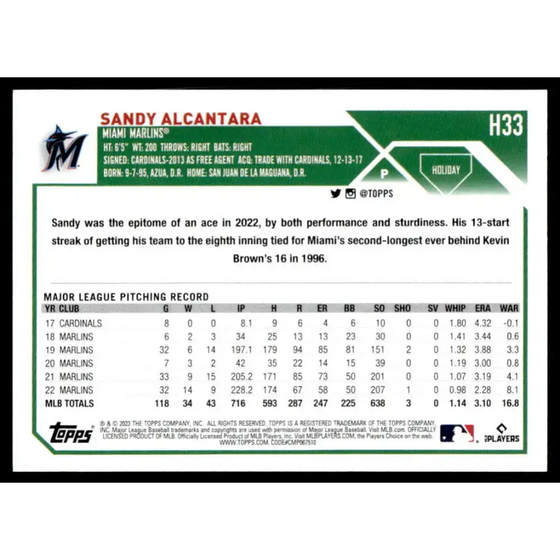 2023 Topps Holiday #H33 Sandy Alcantara NM-MT Miami Marlins Baseball Card - Baseball Card Single