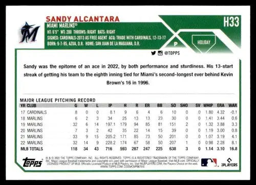 2023 Topps Holiday #H33 Sandy Alcantara NM Near Mint Marlins ID:65898 - Baseball Card Single
