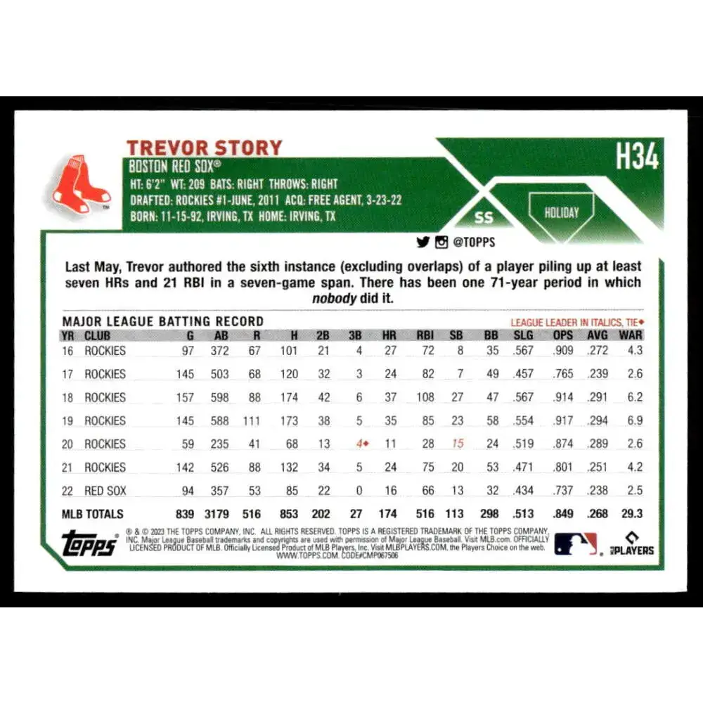 2023 Topps Holiday #H34 Trevor Story NM-MT Boston Red Sox Baseball Card - Baseball Card Single