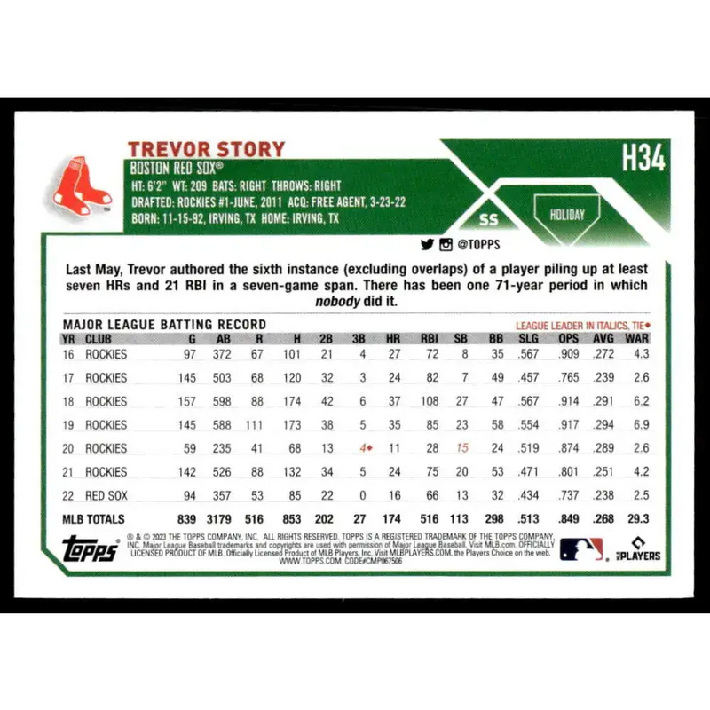 2023 Topps Holiday #H34 Trevor Story NM-MT Boston Red Sox Baseball Card - Baseball Card Single