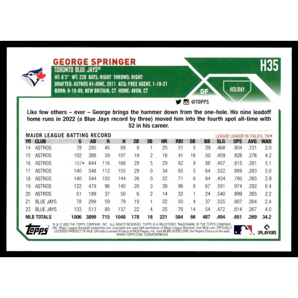 2023 Topps Holiday #H35 George Springer NM-MT Toronto Blue Jays Baseball Card - Baseball Card Single
