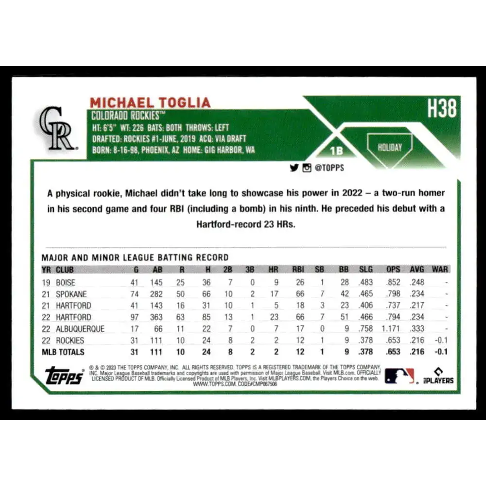 2023 Topps Holiday #H38 Michael Toglia NM-MT RC Rookie Colorado Rockies Baseball Card - Baseball Card Single