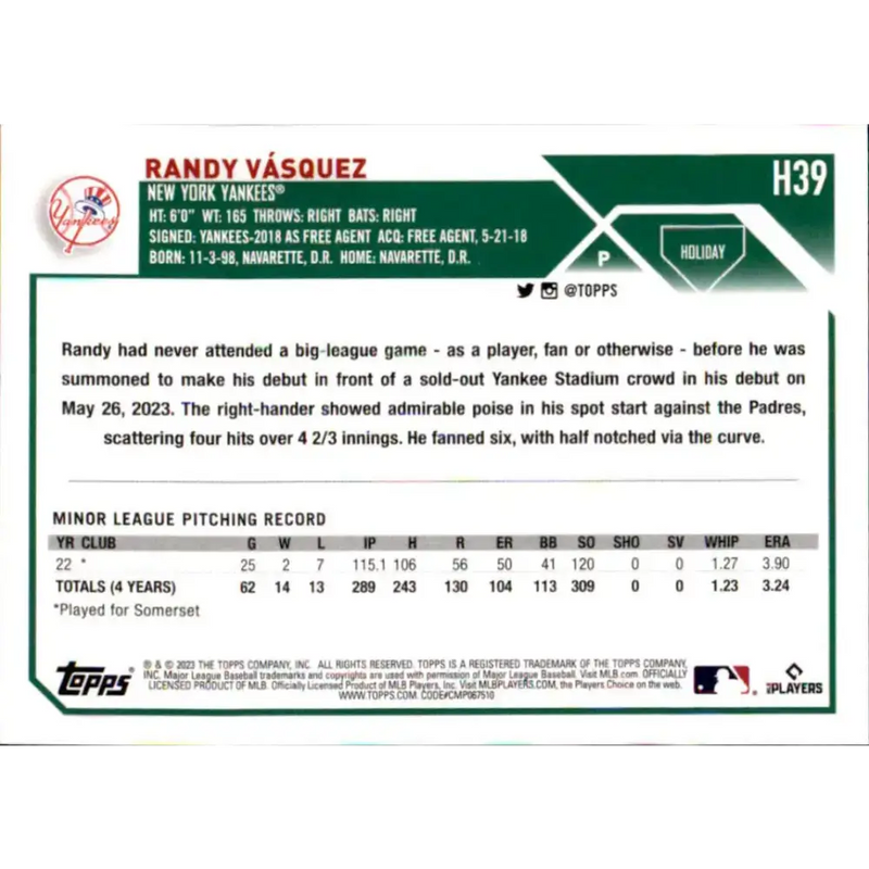 2023 Topps Holiday #H39 Randy Vasquez NM-MT RC Rookie New York Yankees Baseball Card - Baseball Card Single