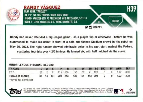 2023 Topps Holiday Randy Vasquez original gloss mint RC rookie baseball card