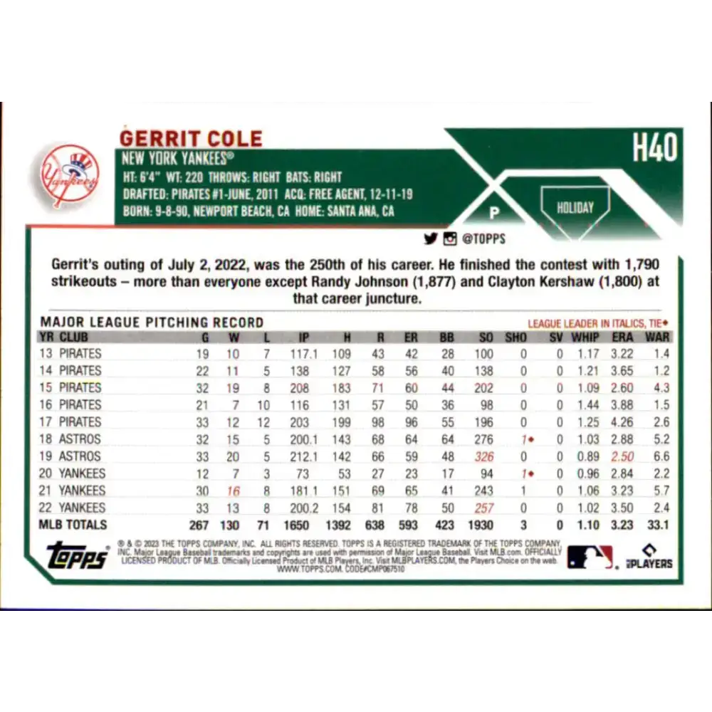 2023 Topps Holiday #H40 Gerrit Cole NM-MT New York Yankees Baseball Card - Baseball Card Single