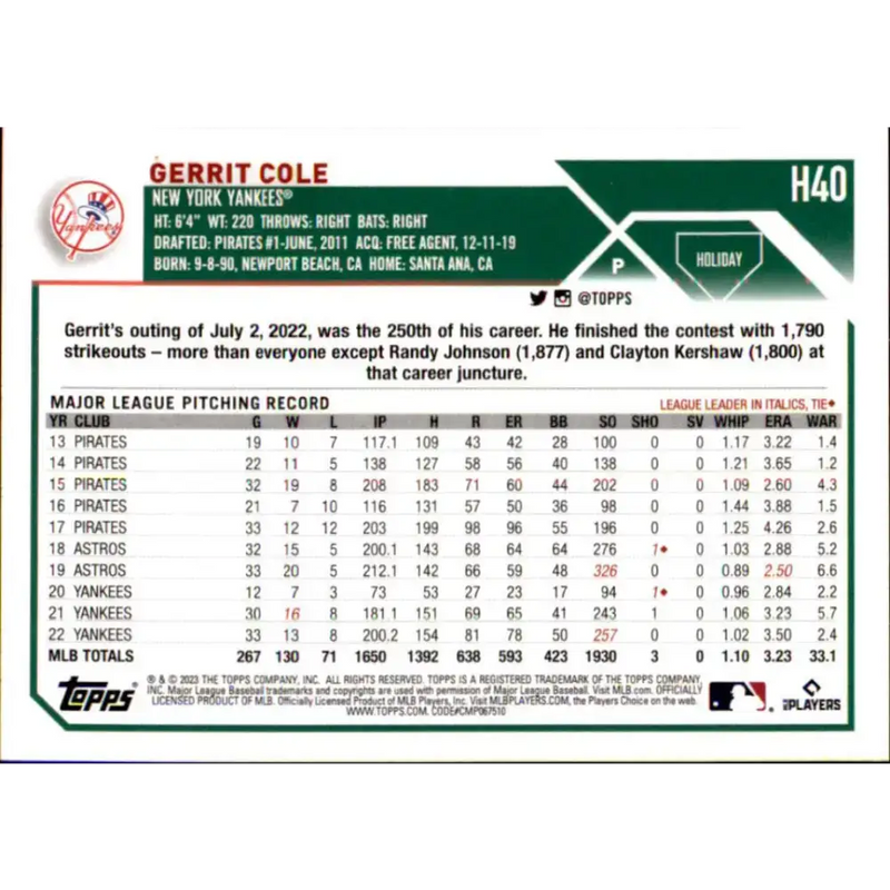 2023 Topps Holiday #H40 Gerrit Cole NM-MT New York Yankees Baseball Card - Baseball Card Single