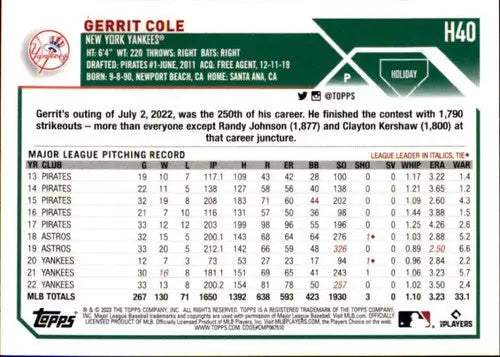 2023 Topps Holiday #H40 Gerrit Cole NM Near Mint Yankees ID:65910 - Baseball Card Single