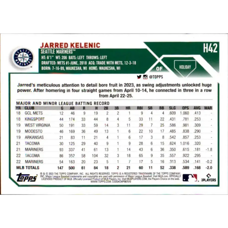2023 Topps Holiday #H42 Jarred Kelenic NM-MT Seattle Mariners Baseball Card - Baseball Card Single