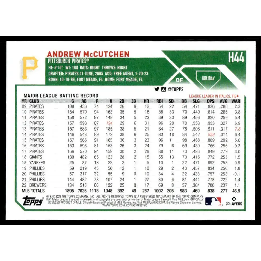 2023 Topps Holiday #H44 Andrew McCutchen NM-MT Pittsburgh Pirates Baseball Card - Baseball Card Single