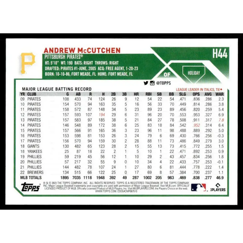 2023 Topps Holiday #H44 Andrew McCutchen NM-MT Pittsburgh Pirates Baseball Card - Baseball Card Single
