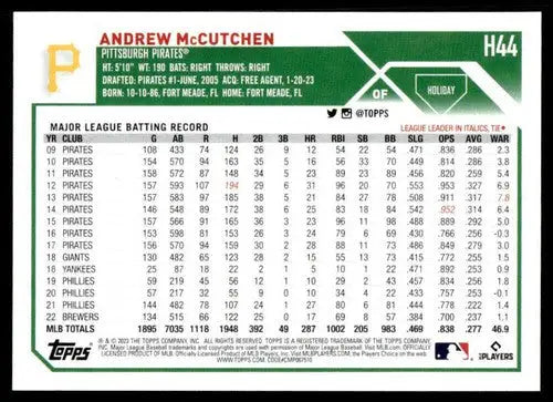 Baseball card back with original gloss for 2023 Topps Holiday H44 Andrew McCutchen Pirates
