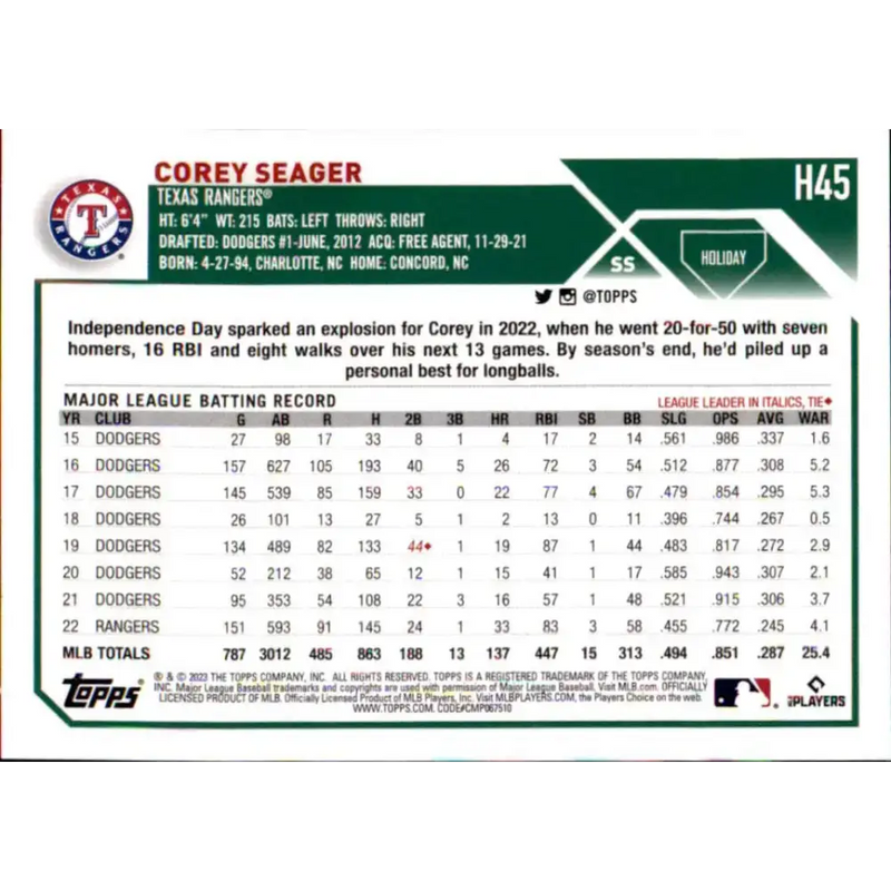 2023 Topps Holiday #H45 Corey Seager NM-MT Texas Rangers Baseball Card - Baseball Card Single