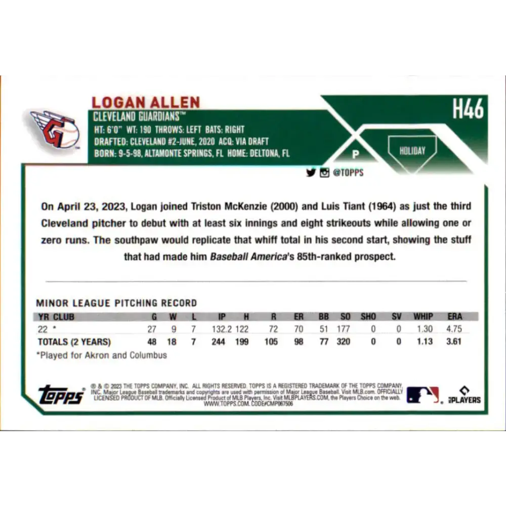 2023 Topps Holiday #H46 Logan Allen NM-MT RC Rookie Cleveland Guardians Baseball Card - Baseball Card Single