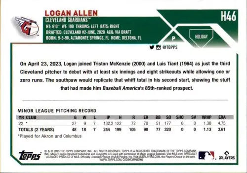 2023 Topps Holiday #H46 Logan Allen NM Near Mint RC Rookie Guardians ID:65920 - Baseball Card Single