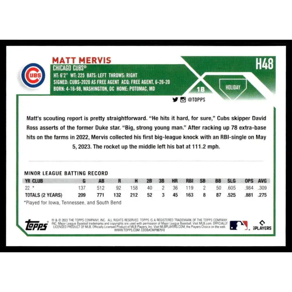 2023 Topps Holiday #H48 Matt Mervis NM-MT RC Rookie Chicago Cubs Baseball Card - Baseball Card Single