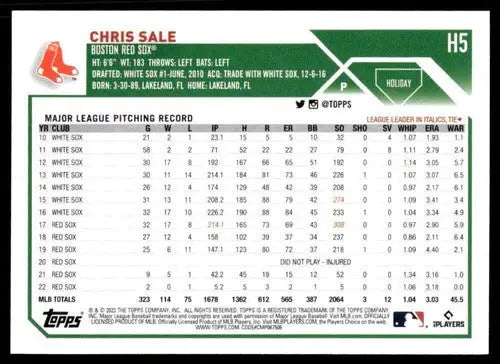2023 Topps Holiday #H5 Chris Sale NM Near Mint Red Sox ID:65849 - Baseball Card Single