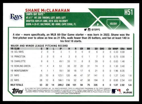 2023 Topps Holiday #H51 Shane McClanahan NM Near Mint Rays ID:65930 - Baseball Card Single