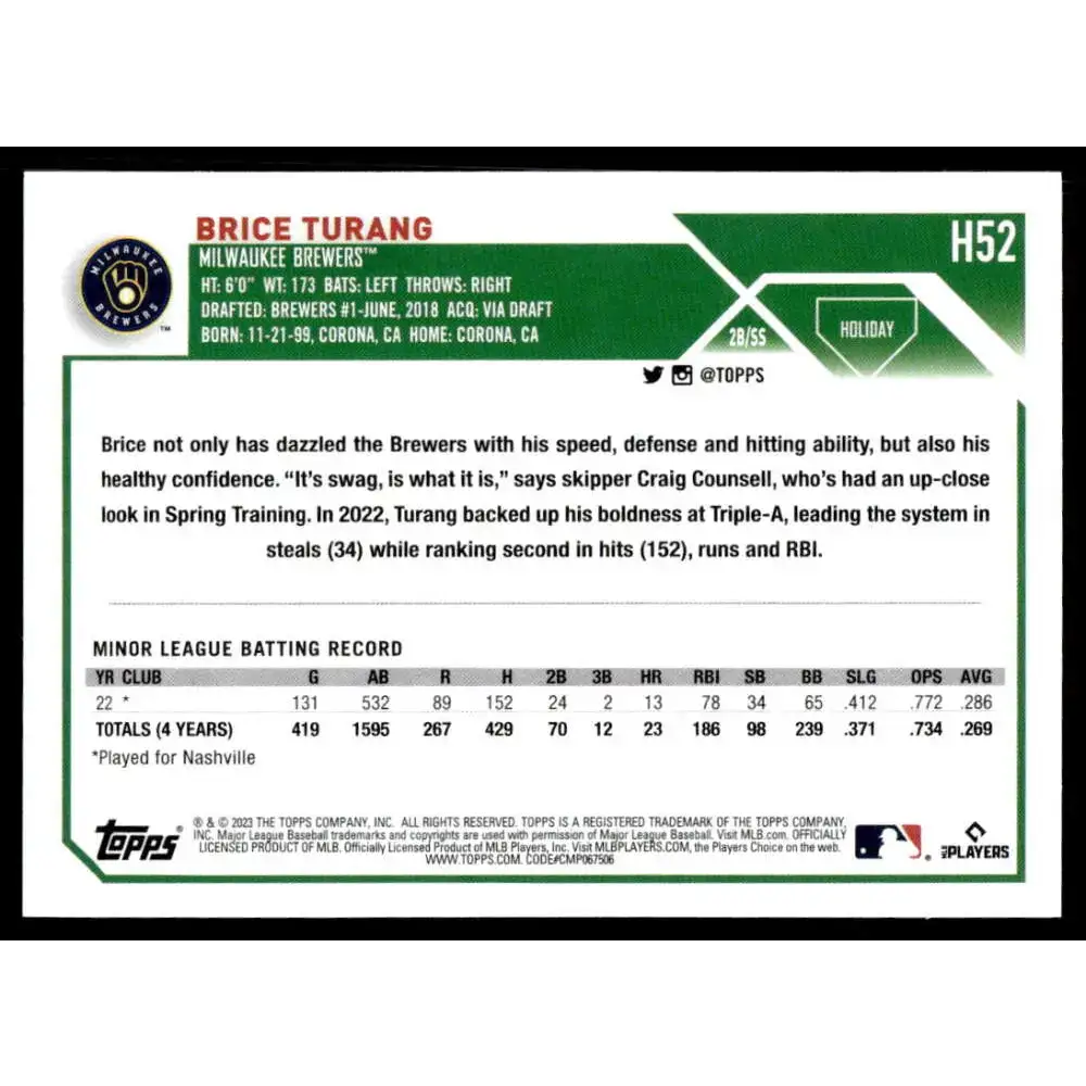 2023 Topps Holiday #H52 Brice Turang NM-MT RC Rookie Milwaukee Brewers Baseball Card - Baseball Card Single
