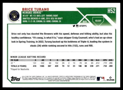 2023 Topps Holiday H52 Brice Turang mint RC rookie baseball card in original gloss