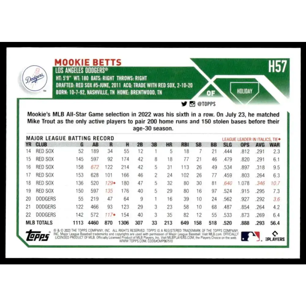 2023 Topps Holiday #H57 Mookie Betts NM-MT Los Angeles Dodgers Baseball Card - Baseball Card Single