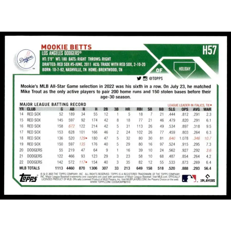 2023 Topps Holiday #H57 Mookie Betts NM-MT Los Angeles Dodgers Baseball Card - Baseball Card Single