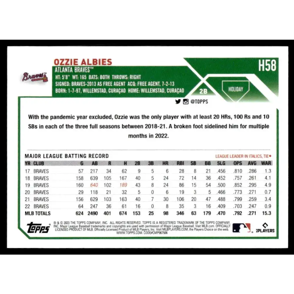 2023 Topps Holiday #H58 Ozzie Albies NM-MT Atlanta Braves Baseball Card - Baseball Card Single