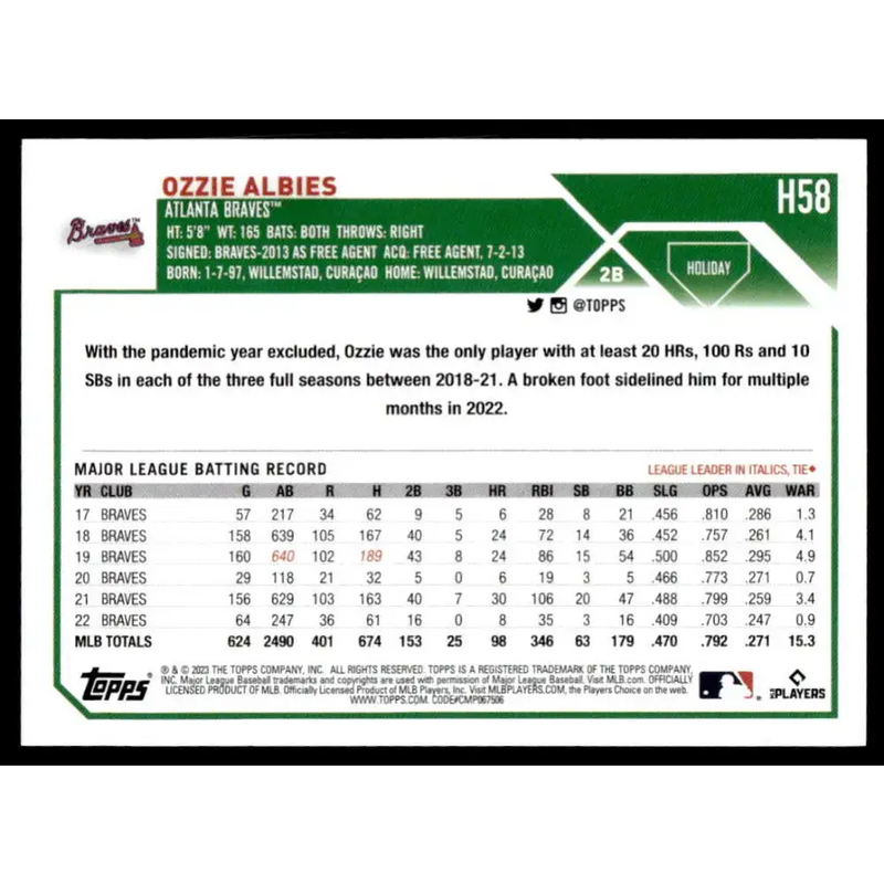 2023 Topps Holiday #H58 Ozzie Albies NM-MT Atlanta Braves Baseball Card - Baseball Card Single