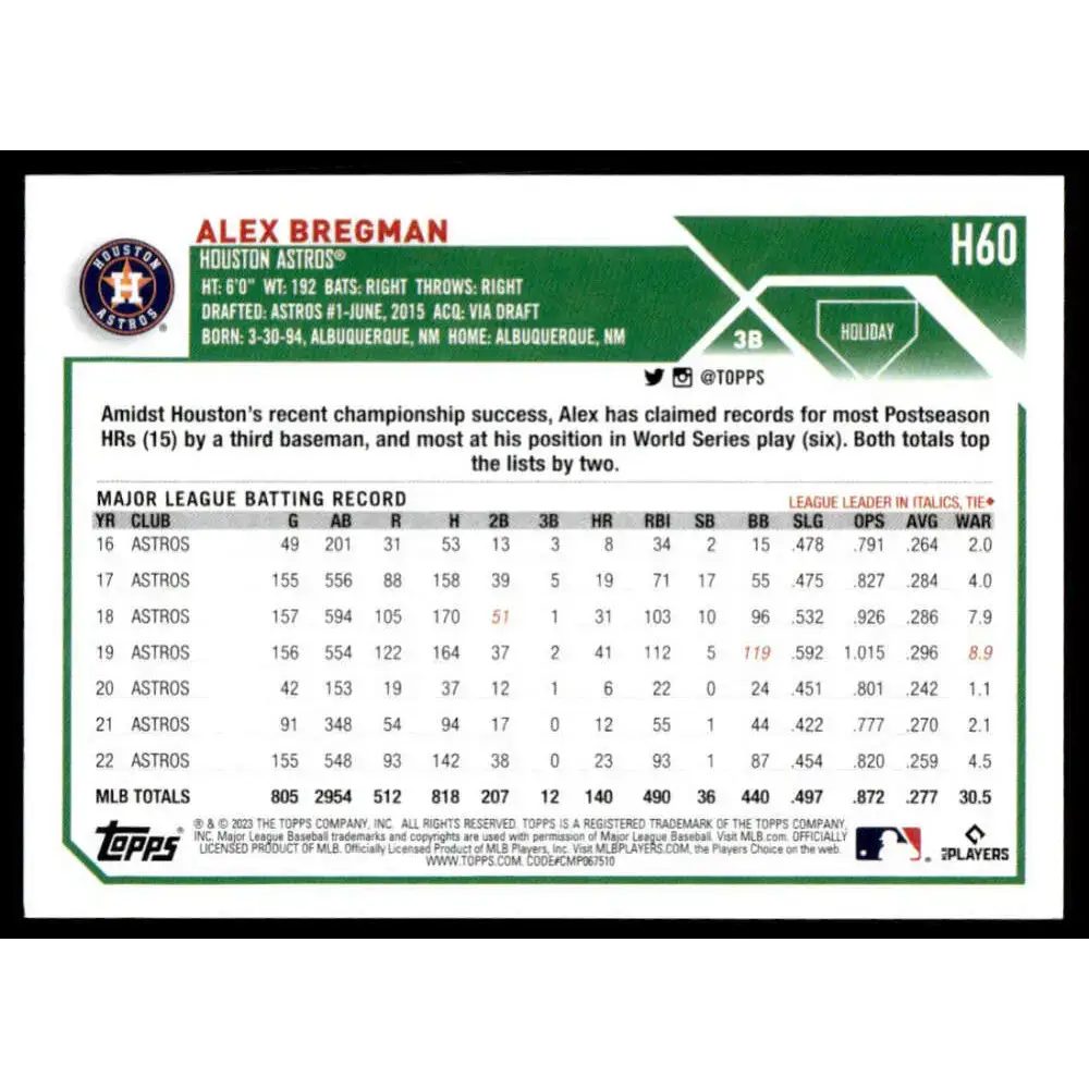 2023 Topps Holiday #H60 Alex Bregman NM-MT Houston Astros Baseball Card - Baseball Card Single