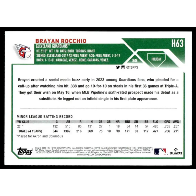 2023 Topps Holiday #H63 Brayan Rocchio NM-MT RC Rookie Cleveland Guardians Baseball Card - Baseball Card Single