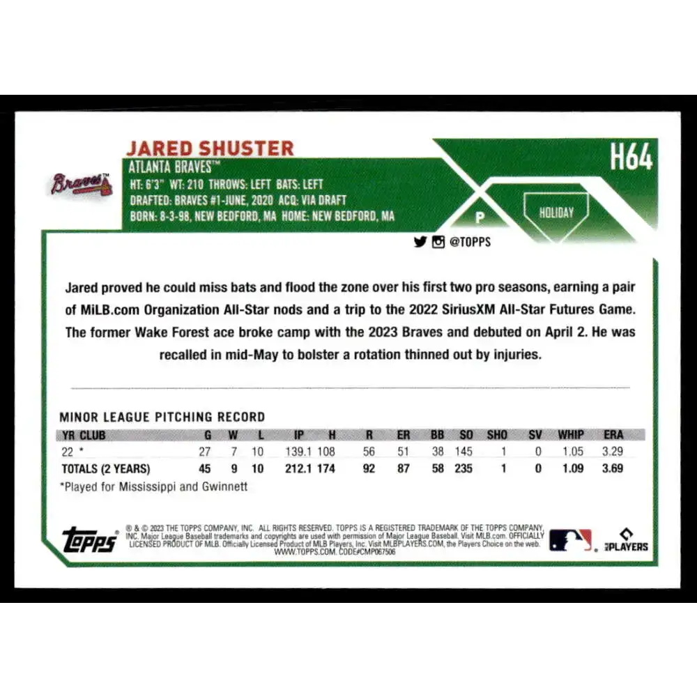 2023 Topps Holiday #H64 Jared Shuster NM-MT RC Rookie Atlanta Braves Baseball Card - Baseball Card Single