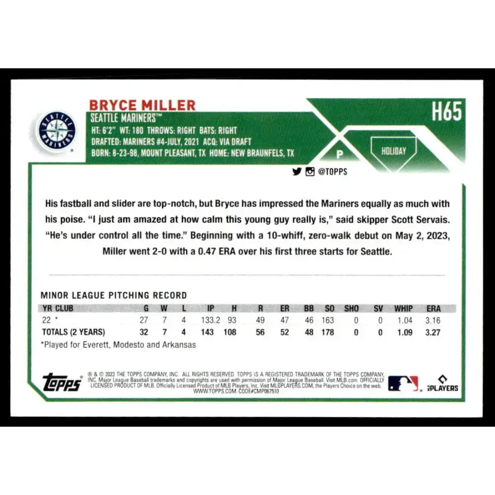 2023 Topps Holiday #H65 Bryce Miller NM-MT RC Rookie Seattle Mariners Baseball Card - Baseball Card Single