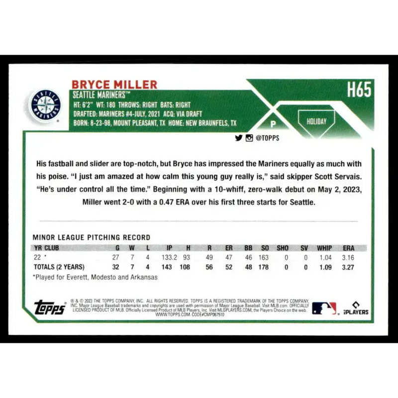 2023 Topps Holiday #H65 Bryce Miller NM-MT RC Rookie Seattle Mariners Baseball Card - Baseball Card Single