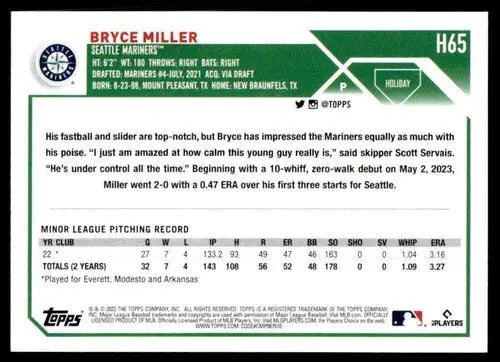 Bryce Miller baseball card from 2023 Topps Holiday with original gloss and Near Mint condition