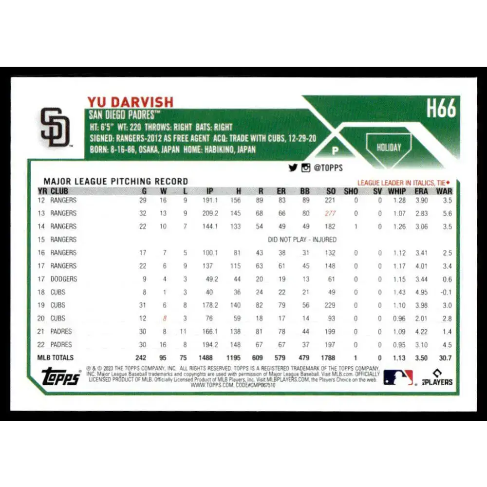 2023 Topps Holiday #H66 Yu Darvish NM-MT San Diego Padres Baseball Card - Baseball Card Single