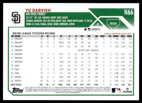 2023 Topps Holiday #H66 Yu Darvish NM Near Mint Padres ID:66065 - Baseball Card Single