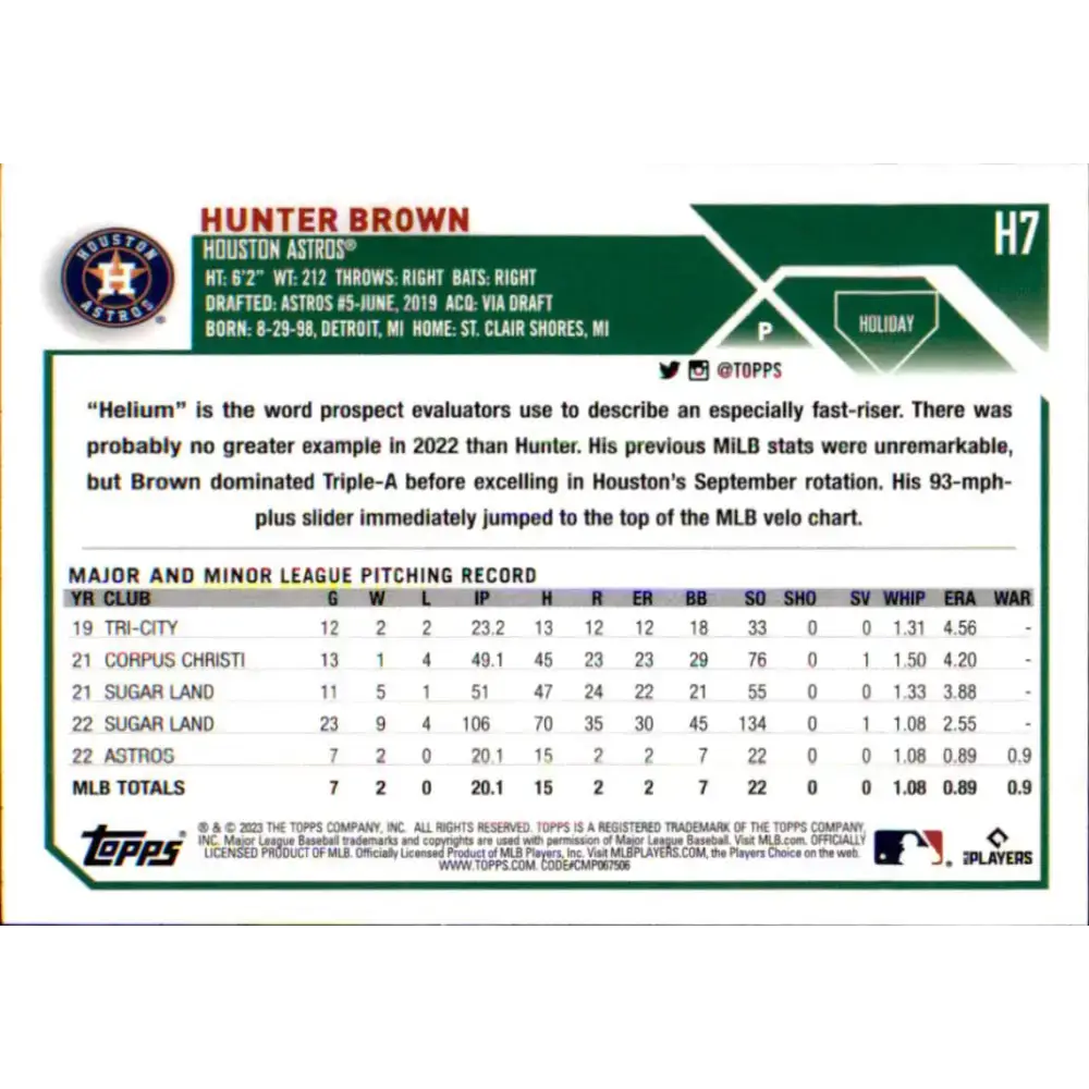 2023 Topps Holiday #H7 Hunter Brown NM-MT RC Rookie Houston Astros Baseball Card - Baseball Card Single
