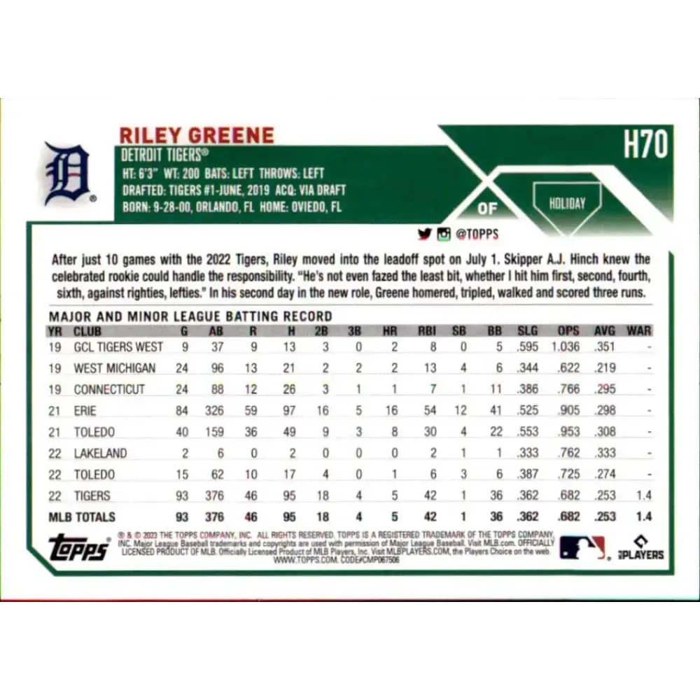 2023 Topps Holiday #H70 Riley Greene NM-MT RC Rookie Detroit Tigers Baseball Card - Baseball Card Single