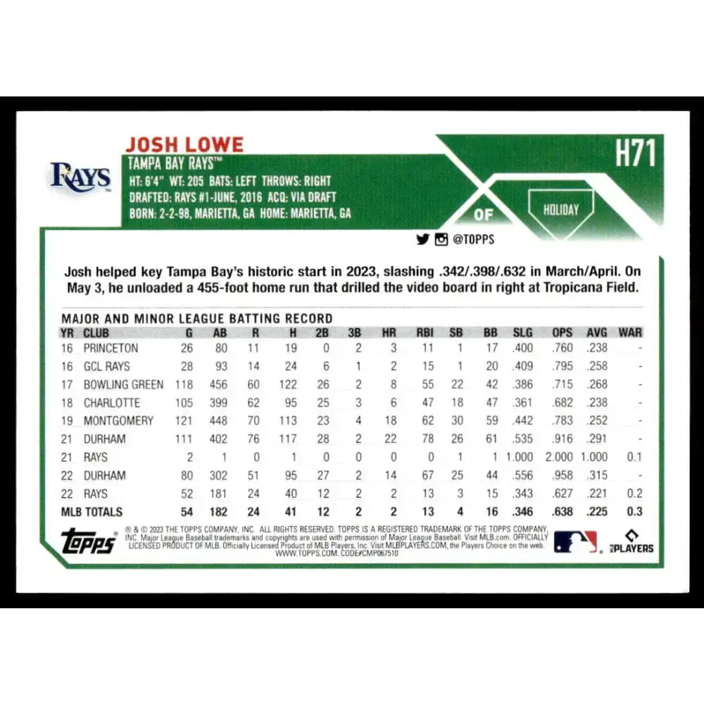 2023 Topps Holiday #H71 Josh Lowe NM-MT Tampa Bay Rays Baseball Card - Baseball Card Single