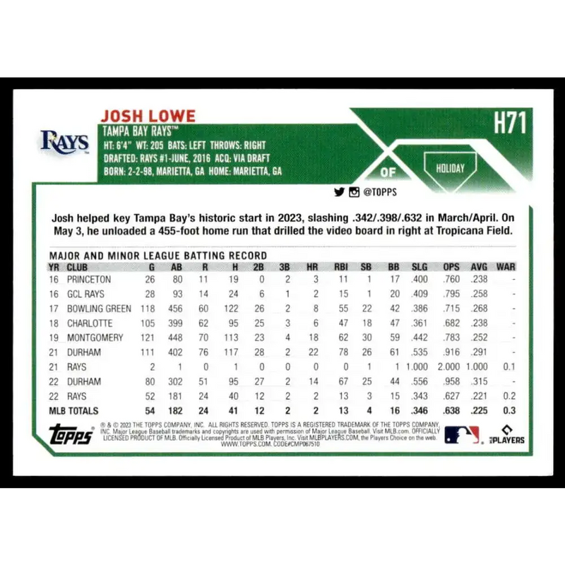 2023 Topps Holiday #H71 Josh Lowe NM-MT Tampa Bay Rays Baseball Card - Baseball Card Single