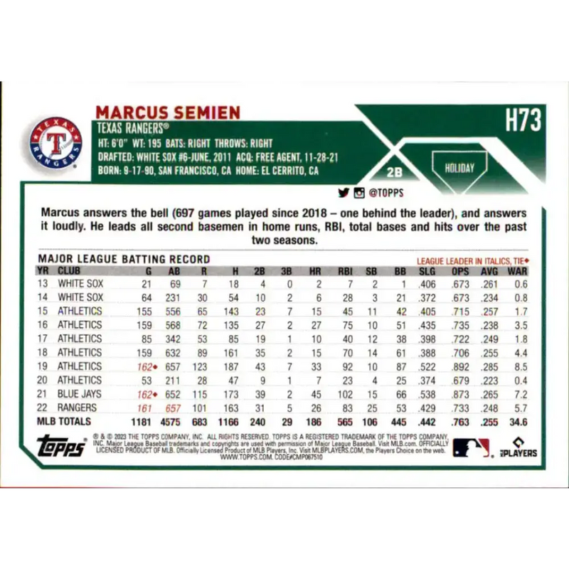 2023 Topps Holiday #H73 Marcus Semien NM-MT Texas Rangers Baseball Card - Baseball Card Single