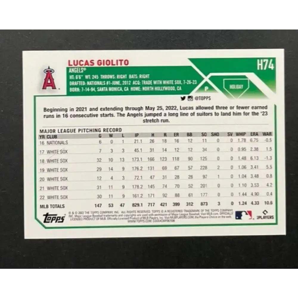 2023 Topps Holiday #H74 Lucas Giolito NM-MT Los Angeles Angels Baseball Card - Baseball Card Single