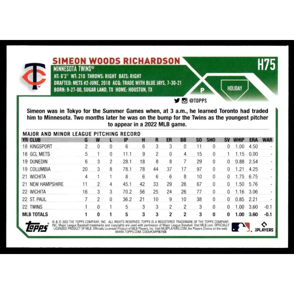 2023 Topps Holiday #H75 Simeon Woods Richardson NM-MT RC Rookie Minnesota Twins Baseball Card - Baseball Card Single