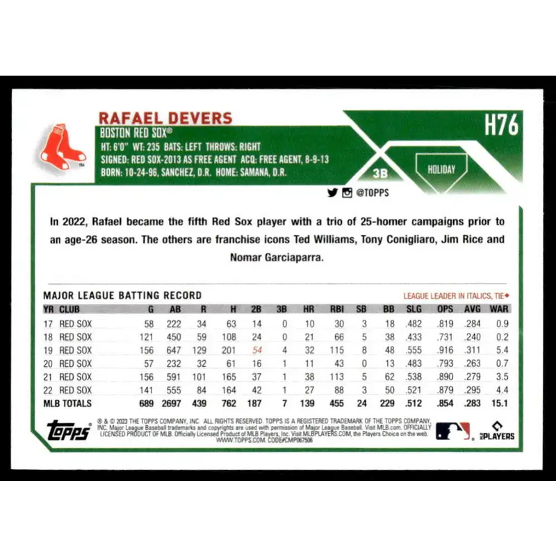 2023 Topps Holiday #H76 Rafael Devers NM-MT Boston Red Sox Baseball Card - Baseball Card Single