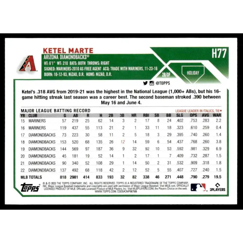 2023 Topps Holiday #H77 Ketel Marte NM-MT Arizona Diamondbacks Baseball Card - Baseball Card Single