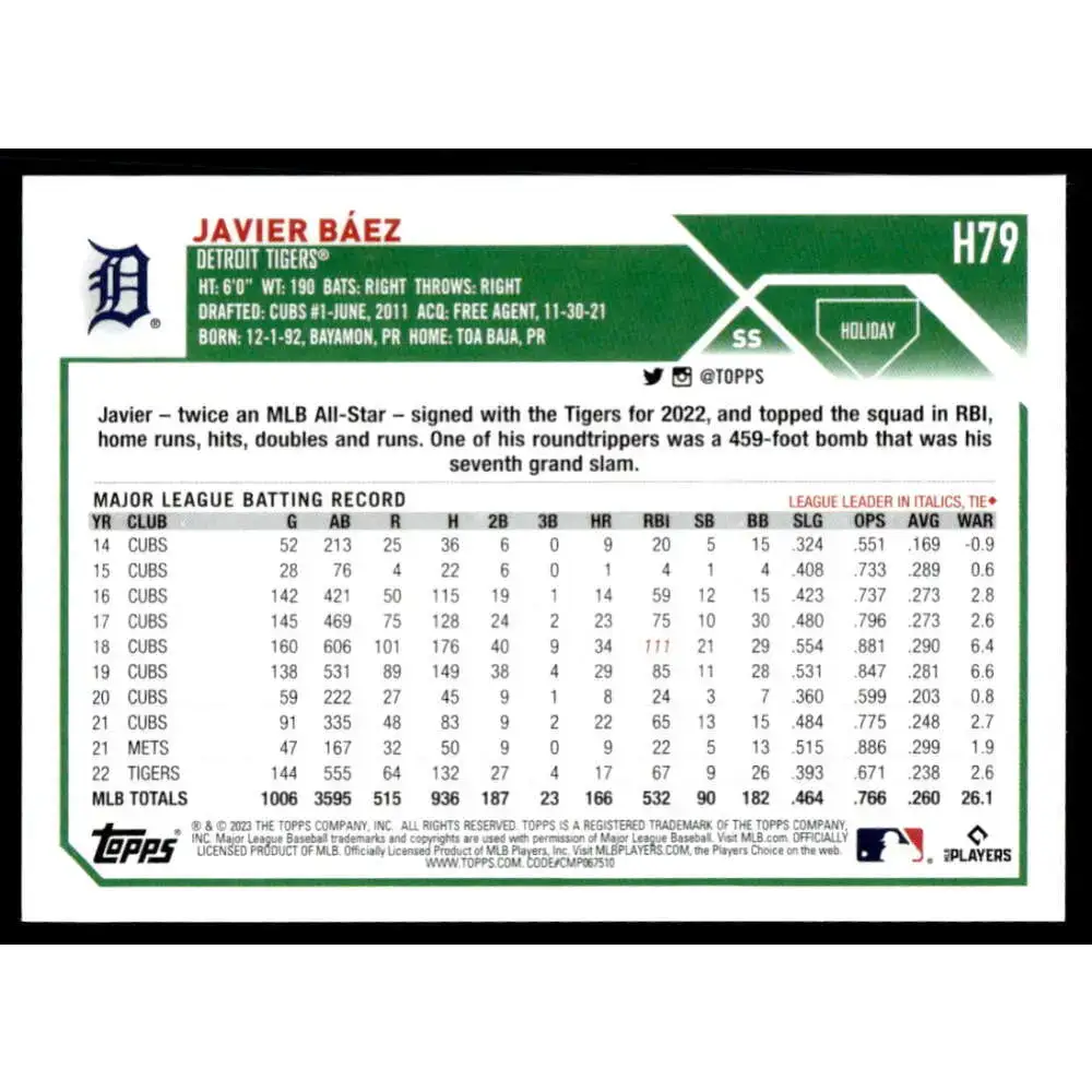 2023 Topps Holiday #H79 Javier Baez NM-MT Detroit Tigers Baseball Card - Baseball Card Single