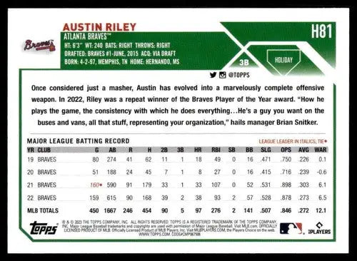 2023 Topps Holiday #H81 Austin Riley NM Near Mint Braves ID:66088 - Baseball Card Single